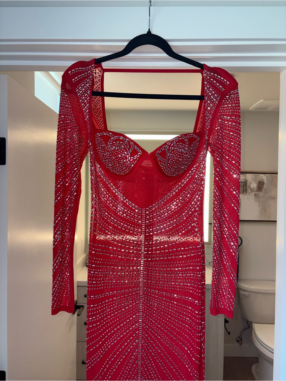 Macy's Red Long Sleeve Sequin Mesh Gown with Sculpted Bust - Picture 2 of 13